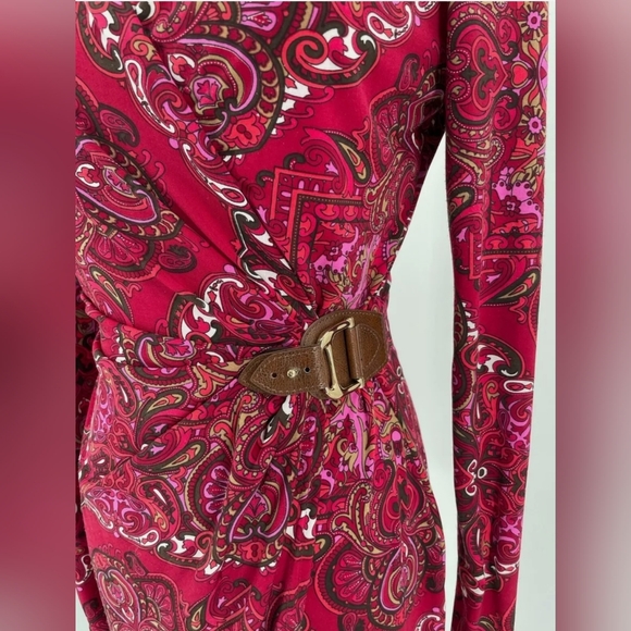 Cache Paisley V Neck 3/4 Sleeve Strerch Drape Dress with Leather Buckle - Picture 2 of 6